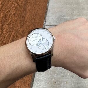 Hamilton Regulator 42mm sapphire crystal, leather strap, open case back.